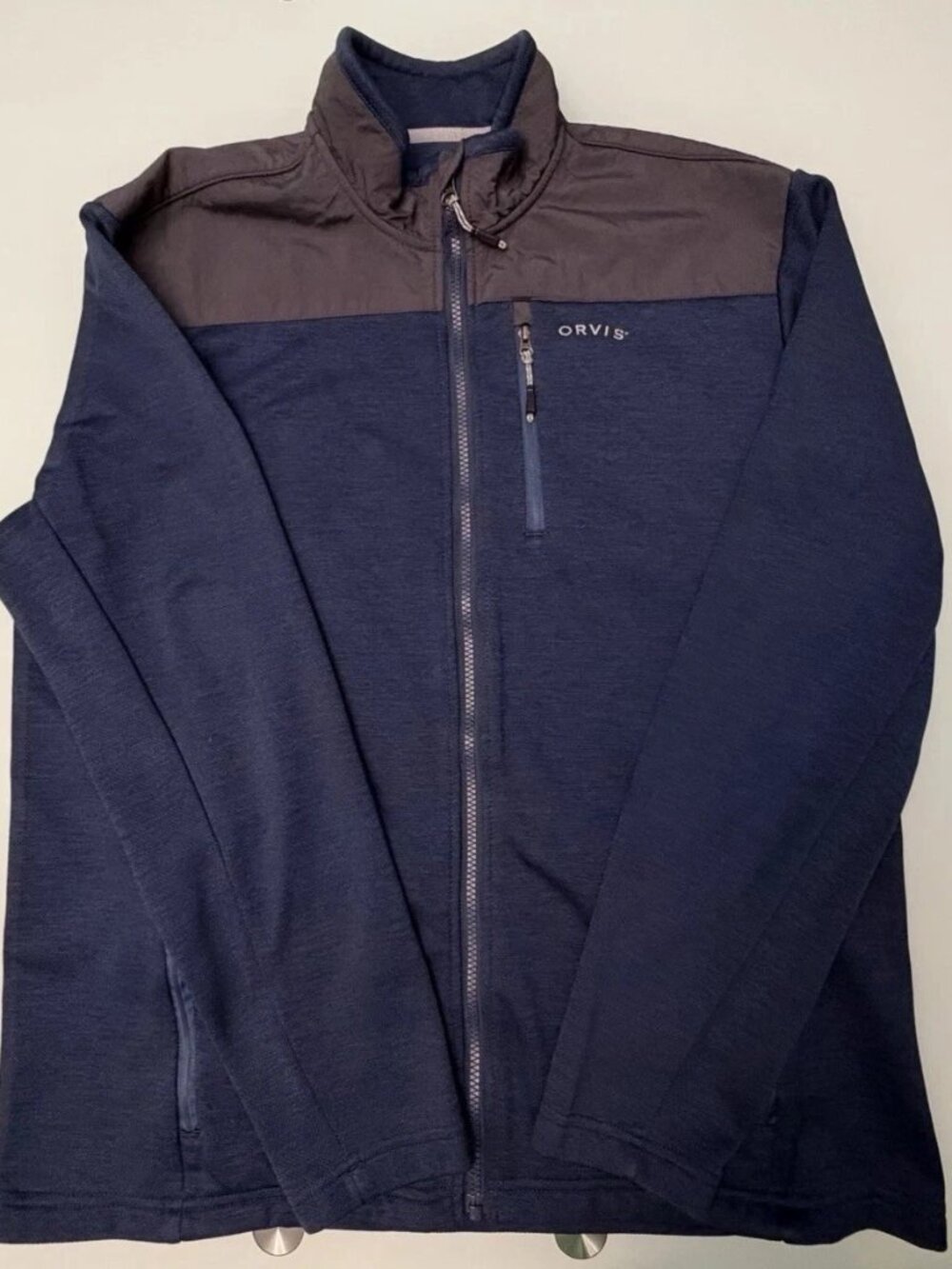 Orvis Mens Full Zip Fleece Jacket L Large Blue Brown Outdoor